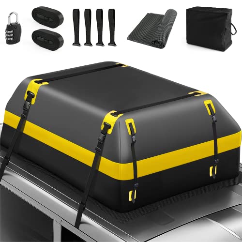 Dachbox PVC 15 Kubikfuß Auto Dachtasche Wasserdicht Dachkoffer Faltbare Gepäckbox mit Anti-Rutsch Matte +4 Türhaken, geeignet für alle Fahrzeuge mit/ohne Gepäckträger Gepäcktransport (Gelb)
