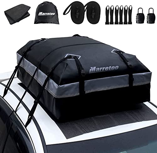Marretoo 21 Kubikfuß Auto Dachbox Faltbare Wasserdicht Dachtasche Gepäckbox Tasche Aufbewahrungsbox mit a Antirutschmatte, für Fahrzeuge mit/ohne Gepäckträger Gepäcktransport, Vans, SUVs, Black